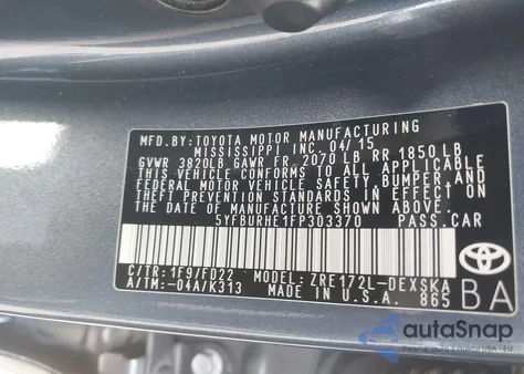 2015 Toyota Corolla S Plus из США, поврежденный, VIN 5YFBURHE1FP303370